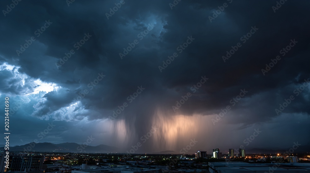 Fototapeta premium Dramatic Dark Storm Clouds Over Cityscape with Heavy Rainfall at Dusk