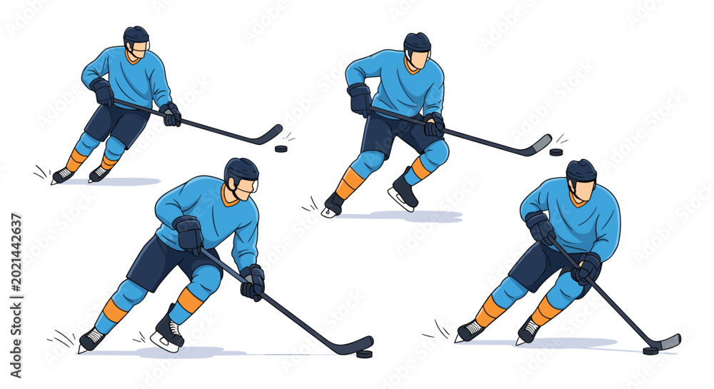 Fototapeta premium Four ice hockey players shown in various action poses with sticks and pucks on a clean white background for sports and competition graphics.