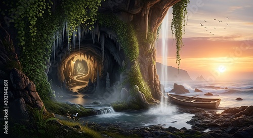 Mystical cave with waterfall at sunset.