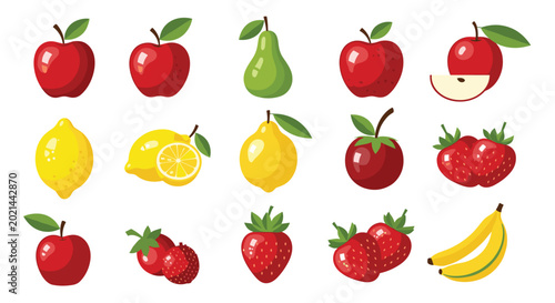 Vibrant collection of various fresh fruits including apples, lemons, strawberries, pears, and bananas for healthy eating.