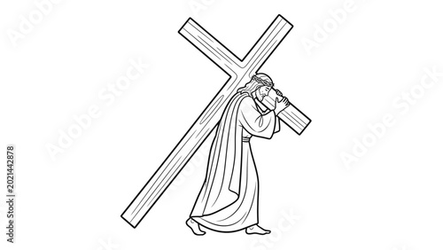 Foto Jesus Christ carrying a large wooden cross.