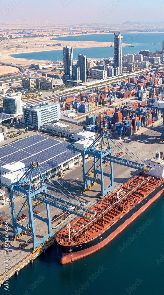 Fototapeta premium Bulk carrier docked at modern port facility with city skyline in background. Concept of global trade and maritime logistics in a desert coastal region.