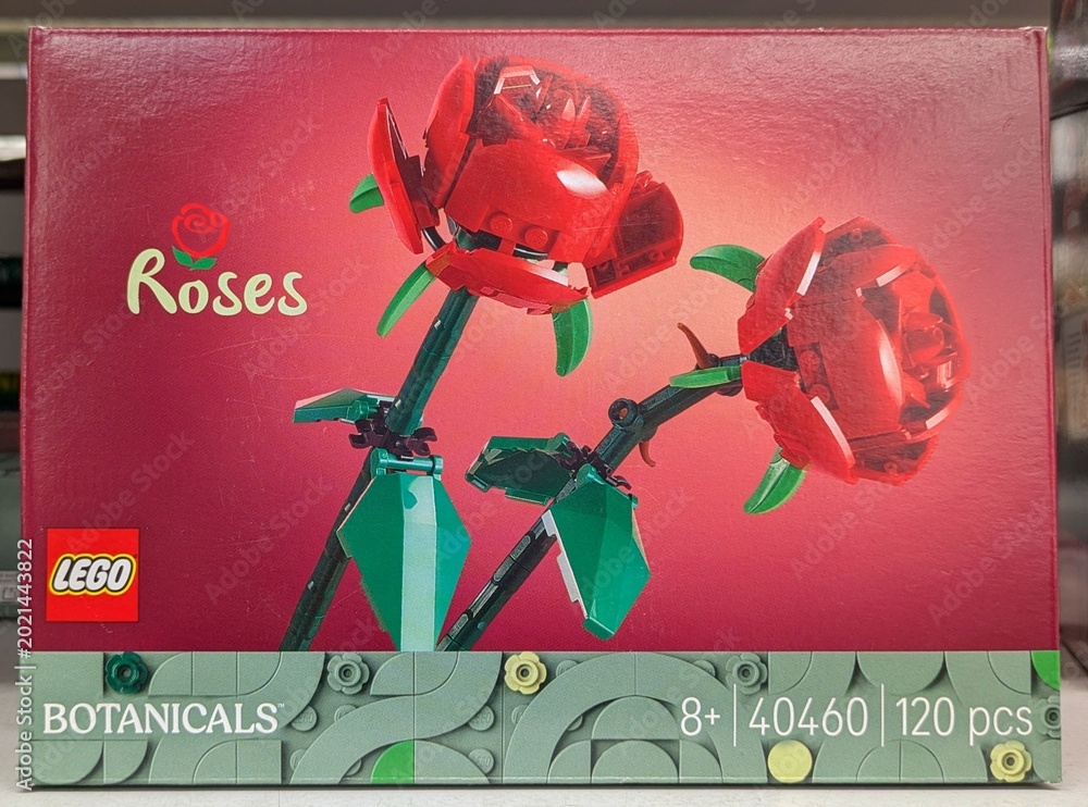 Obraz premium Caja con juguete Lego de rosas con tallos y hojas en una tienda Carrefour, Madrid, España, 28 de marzo de 2026