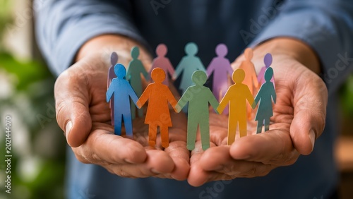 Engraving style paper people held in cupped hands during a symbolic representation of community care and inclusion