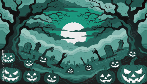 Creepy Halloween cemetery vector featuring zombie hands, haunted house, tombstones, and spooky nighttime atmosphere design.