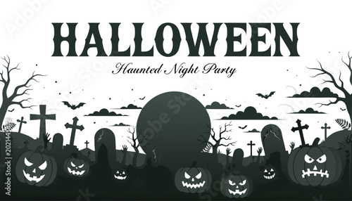 Fotografija Haunted Halloween landscape vector with cemetery, zombie hands, tombstones, and mysterious haunted house under dark sky