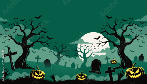 Fotografía Spooky Halloween background vector featuring cemetery landscape, zombie hands, tombstones, and haunted house under moonlight