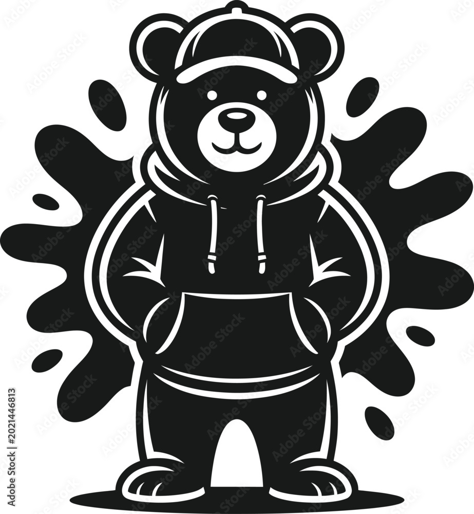 Fototapeta premium A cool teddy bear silhouette wearing a hoodie and baseball cap icon logo illustration for print isolated on white background