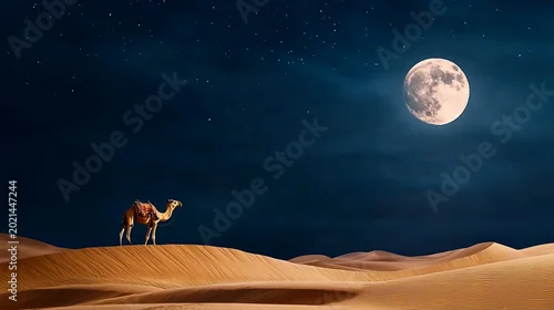 Fototapeta samoprzylepna Solitary Camel on Golden Desert Dunes Under a Luminous Full Moon and Starry Night Sky.