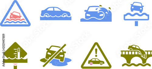 Photos Flood Warning Road Sign and Car Submerged in Water Vector Icon Set for Emergency