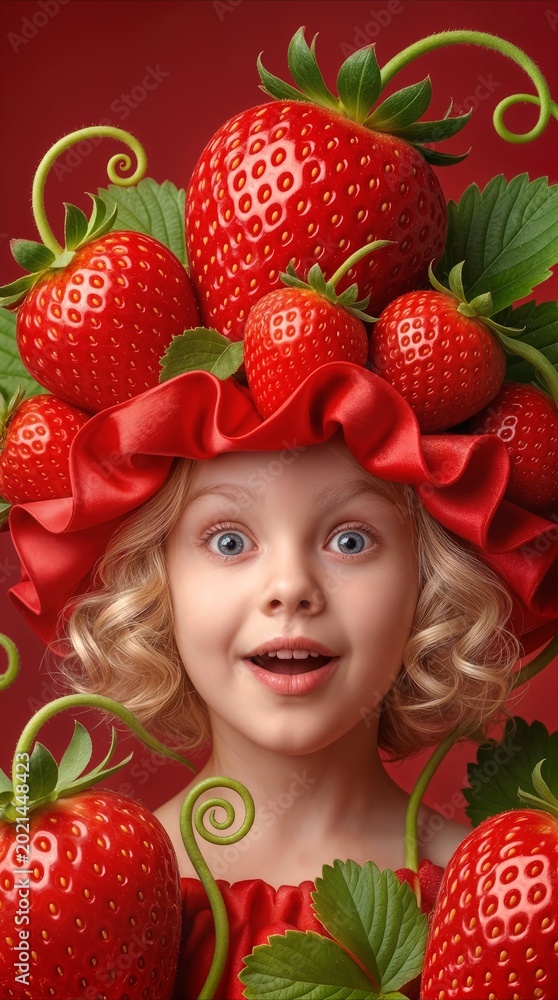 Obraz premium Strawberry themed whimsical hat worn by a surprised little girl. Surreal portrait of a child with giant fruit and green leaves against a red background.