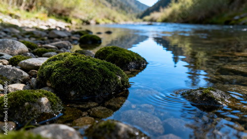 Clear mountain stream flowing over moss-covered rocks in a forested valley