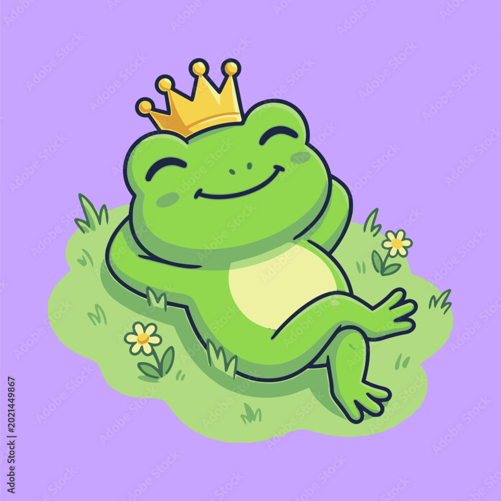 Fototapeta premium Relaxed king frog wearing a golden crown lounging on green grass surrounded by flowers in a whimsical cartoon style illustration with a purple background