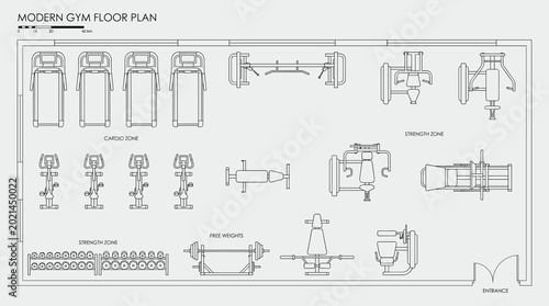 Modern gym floor plan with equipment layout for strength and cardio zones during daylight