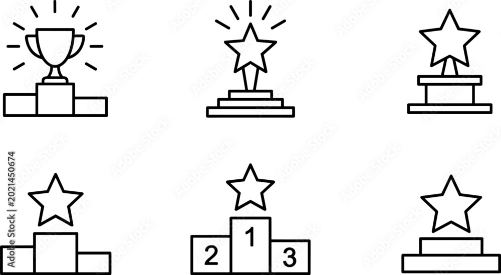 Fototapeta premium Black and white award trophy icons collection featuring podiums, star symbols, achievement recognition graphics, and competition success illustrations