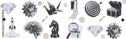 Halftone pop art collage cut out set with diamond, target, staircase and innovation symbol vector illustration