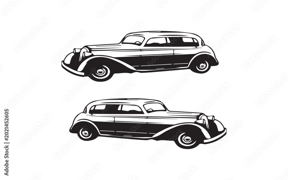 Fototapeta premium Vintage Classic Car Silhouette Set in Black and White Side View Illustration