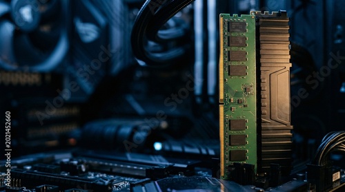RAM memory stick standing upright, gold contact fingers and PCB component surface, system build environment