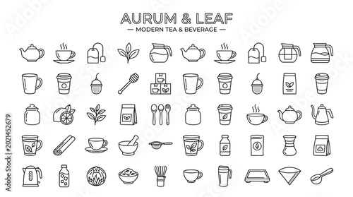 Tea and coffee making elements arranged in grid with minimalist line drawings for beverage preparation and branding