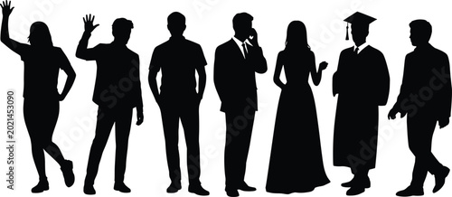 Fotografía Silhouetted group of seven diverse people in black standing in a row silhouettes