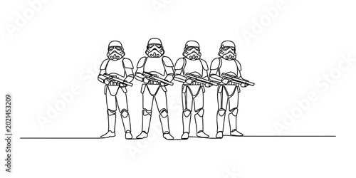 Bild auf Leinwand Continuous single line drawing of four armored soldiers standing in a row holdin