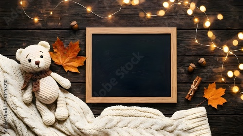Autumnal scene with teddy bear and chalkboard on wooden background