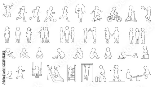 Tableau sur toile Collection of CAD line drawings depicting children engaging in various activitie