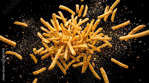 A pile of french fries with seasoning flying through the air on black background