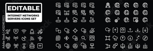 Digital Internet Networks Servers Icons set on glowing black background