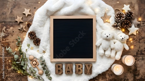 Cozy baby announcement flat lay with teddy bears and decorations on wooden background