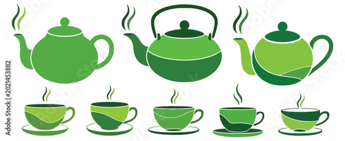 Foto Matcha Tea Icon Set with Green Tea Teapot and Cup Logo Design in Herbal Beverage