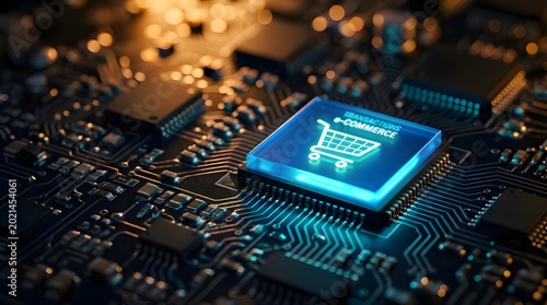 Ecommerce transactions concept on a computer circuit board with glowing blue chip