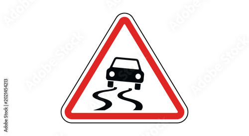 Billede på lærred Road sign warning of slippery road ahead with car losing traction on wavy lines