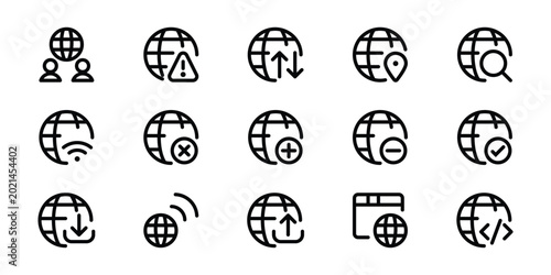 Black line art icons of global network and server concepts