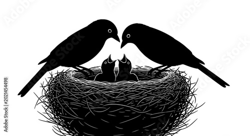 Tableau sur toile Two birds feeding their chicks in a nest a tender moment of parenthood and care