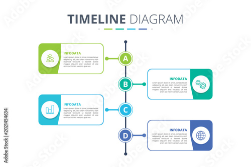 Business Timeline Diagram Infographic with 4 Steps, Vertical Roadmap Template, Vector Process Flowchart Layout Design