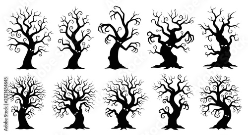 Photos Collection of bare tree silhouettes in various shapes and sizes on white backgro