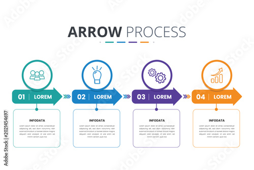 Arrow Process Infographic with 4 Steps, Business Workflow Diagram Template, Vector Horizontal Roadmap Layout Design