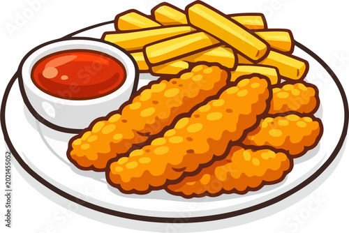 Tableau sur toile Crispy Fried Chicken Tenders with French Fries and Ketchup Dipping Sauce on Whit