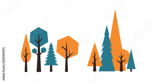 Quadro su tela Colorful illustration of trees in autumn with blue and orange shapes against a w