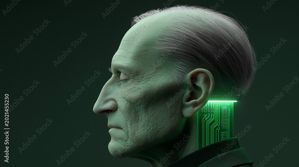 Obraz premium Elderly male figure with cybernetic enhancements, featuring a visible circuit board integrated into the head, set against a dark green background