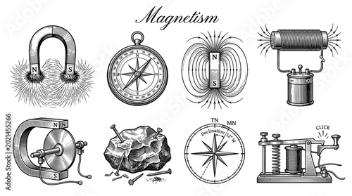 Vintage Physics Magnetism Set Vector Illustrations of Horseshoe Magnet, Compass, Electromagnet, and Scientific Experiments in Engraving Style