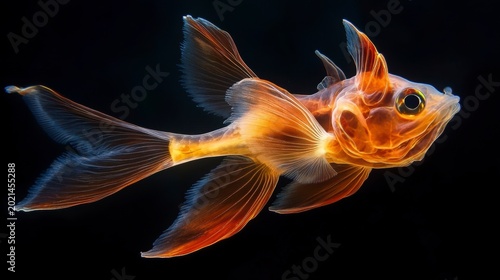A vibrant orange fish with translucent fins swims against a black background.