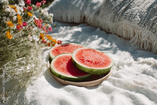 Summer picnic setup with fresh watermelon slices on crisp white blanket. Outdoor dining, seasonal fruit, sunny day park picnic, healthy refreshment.