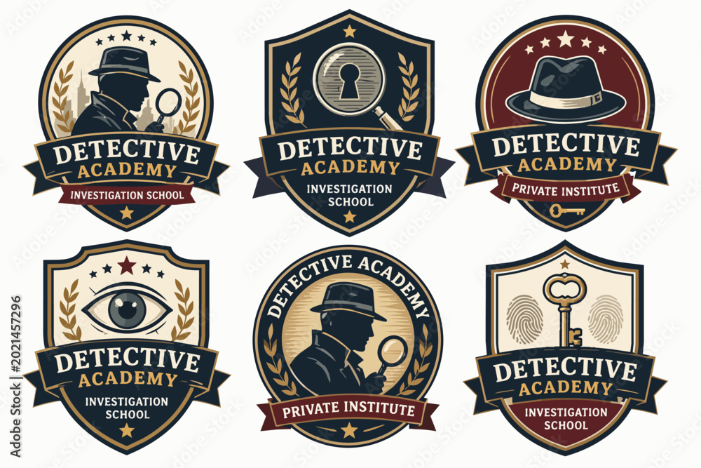 Fototapeta premium Detective Academy logos set, various badges for investigation schools and private institutes