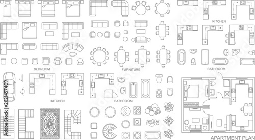 Cuadro en lienzo Interior Floor Plan Furniture Symbols and Apartment Layout Vector Set for Archit