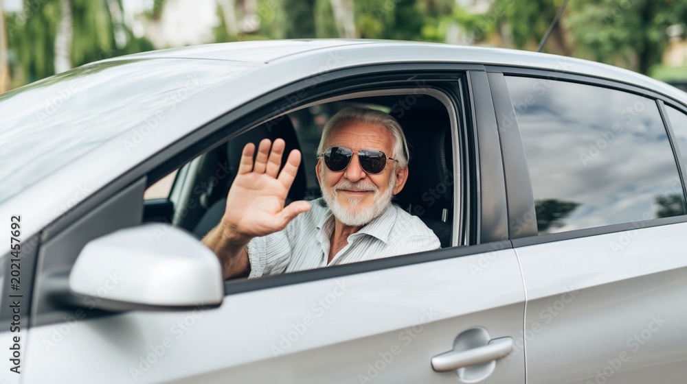 Naklejka premium Senior man smiling and waving from a silver car, driving with confidence, enjoying active lifestyle and independent mobility in retirement