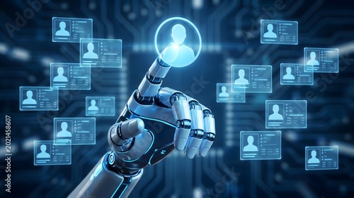 AI Robot Interacting with Virtual Human Resource Hologram Display