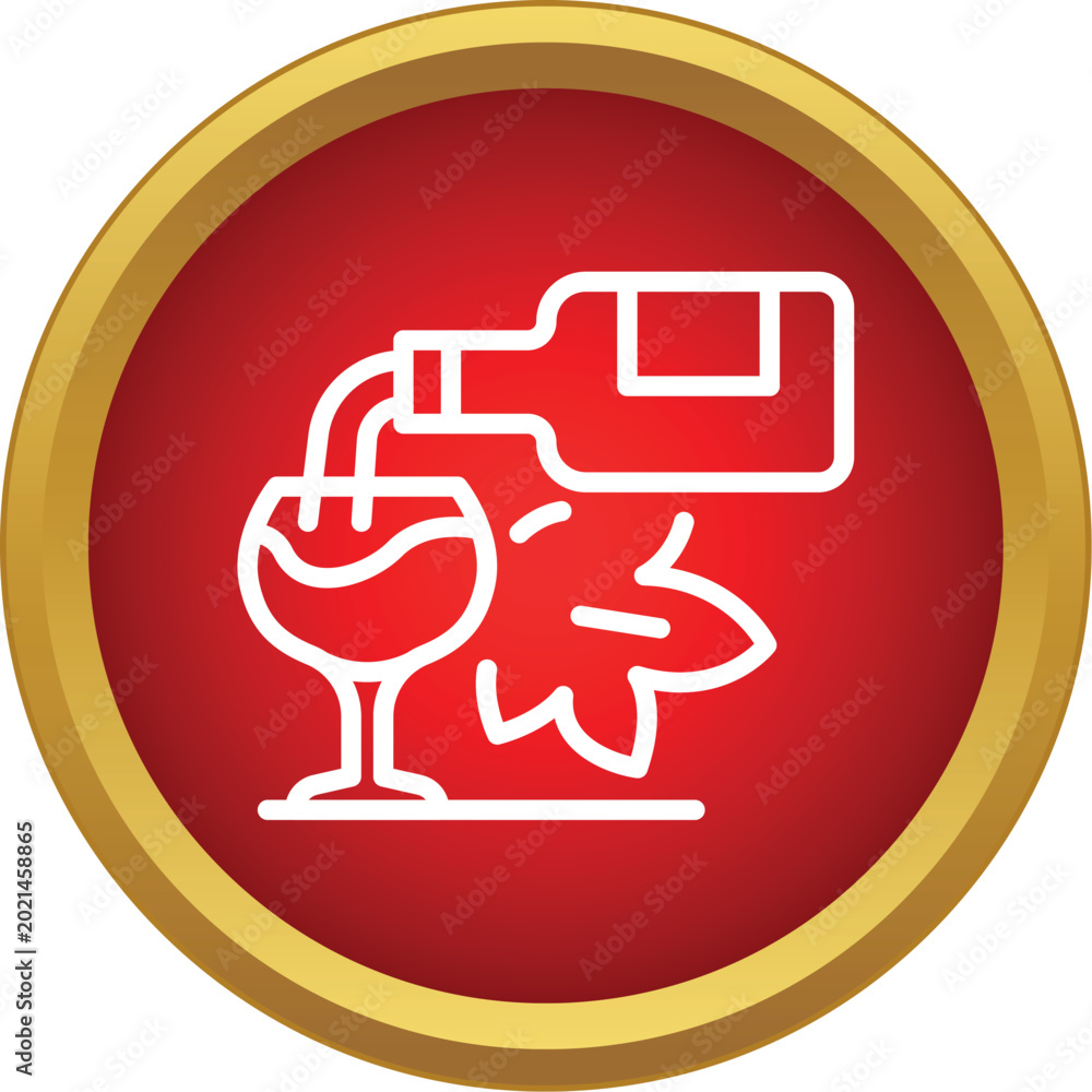 Obraz premium Wine bottle pouring beverage into a glass with grape leaf on a red and gold circle