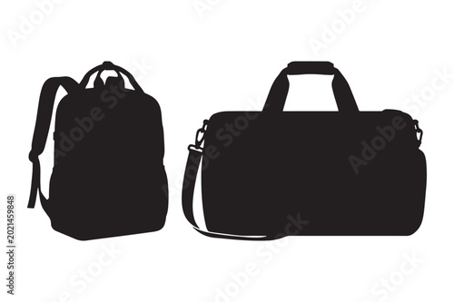 Black silhouette icons of backpack and duffel bag with backpack, silhouette